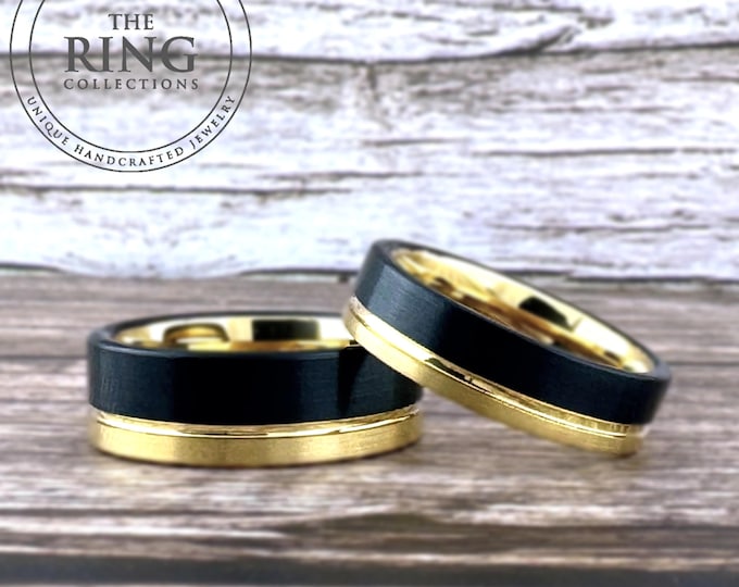 Gold and Black Ring Set Men Women Tungsten Ring Two-Tone Wedding Bands Available in 8MM 6MM 4MM Width Elegant Engagement Ring Set Option