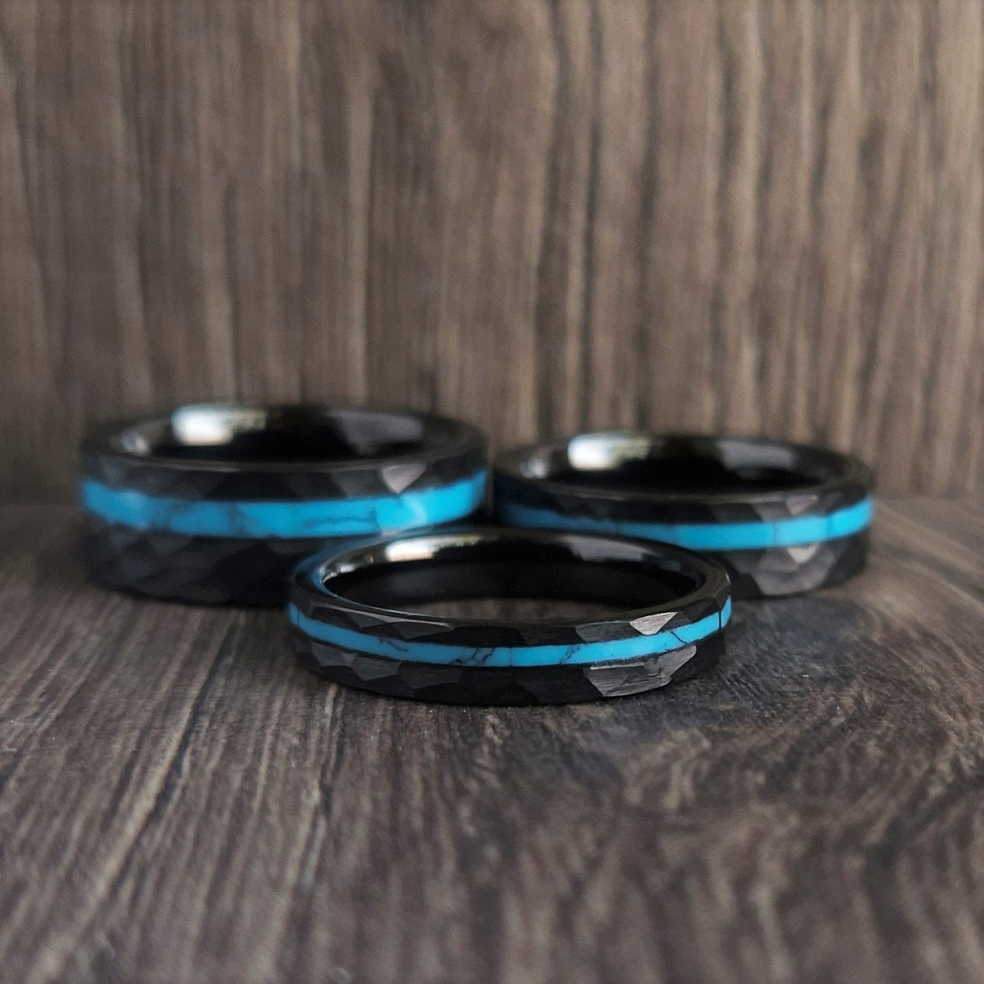 8mm 6mm 4mm Black and Turquoise Hammered Tungsten Ring for Men 