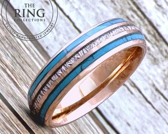 Rose Gold Turquoise and Meteorite Tungsten Ring Wedding Band for Men Woman. 8mm and/or 6mm in Sizes 5 to 15, half sizes available