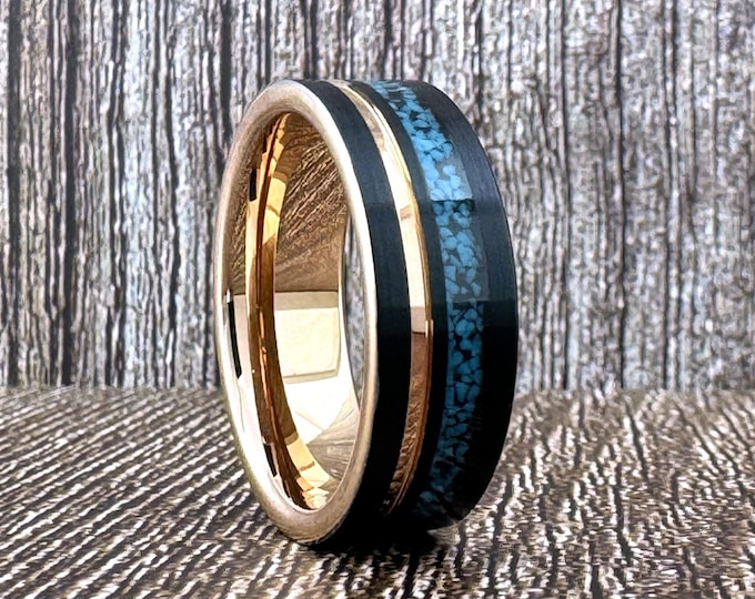 Black Wedding Band with Turquoise Inlay and Rose Gold Groove and Inside, Rose Gold Black Turquoise Tungsten Ring for Men Women, Half Sizes