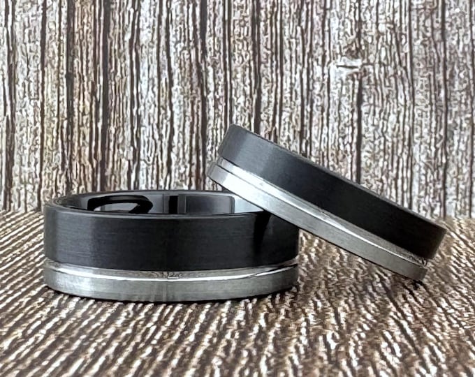 Black and Silver Tungsten Carbide Ring Wedding Band with Gray Groove for Men Women, Available in 6MM and 8MM. Half Sizes 4 to 15 available