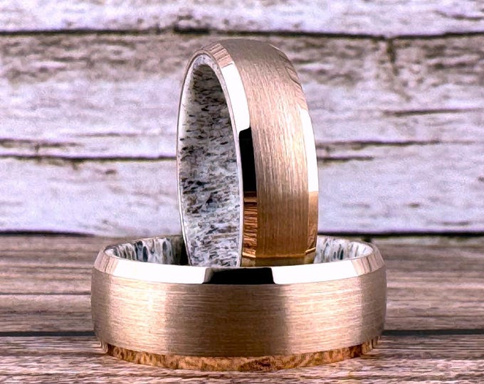 Black Tungsten Ring Wedding Band with Deer Antler Interior for Men and Women. Half Sizes available 4 to 15 in 6mm and 8mm.