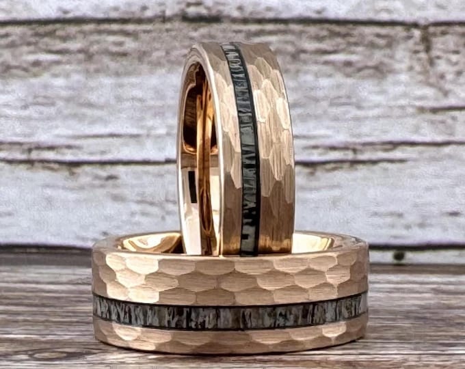 Rose Gold Hammered Ring Deer Antler Inlay Men Women Wedding Band 6MM 8MM Elk Antler Ring Tungsten Carbide Comfort Fit Anniversary Gift