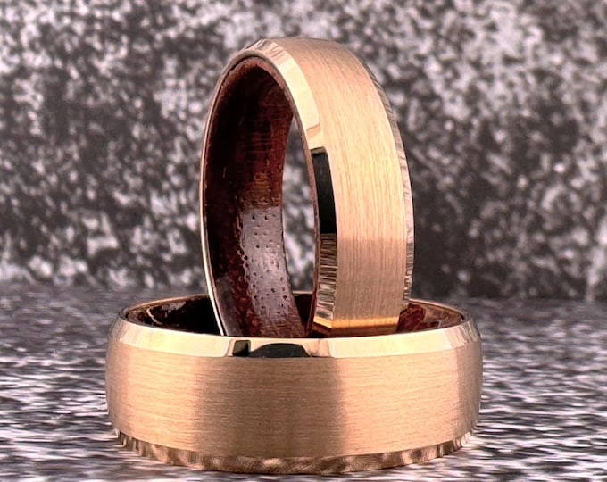 Rose Gold Tungsten Ring Wedding Band for Men or Women, Rose Gold Tungsten Rosewood Band for Him or Her, Tungsten Wood Ring, Christmas Gift