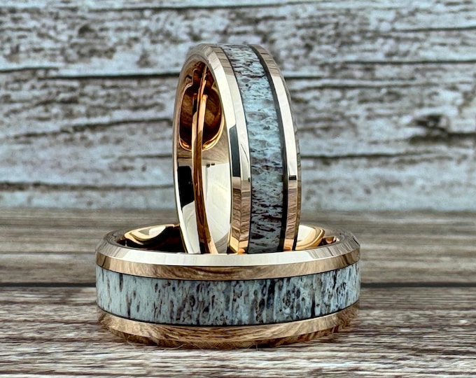 Rose Gold Deer Antler Tungsten Ring, Rose Gold Wedding Band for Men Women, Deer Antler Ring, Tungsten Ring Band, 6MM 8MM Half Sizes 5 to 15
