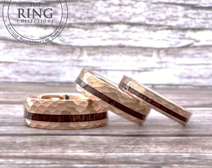Rose Gold Hammered Tungsten Ring, Wood Inlay, 4MM, 6MM, 8MM, Comfort Fit, Size 4  to 15, Rose Gold Wedding Band Men Women, Wood Ring Band