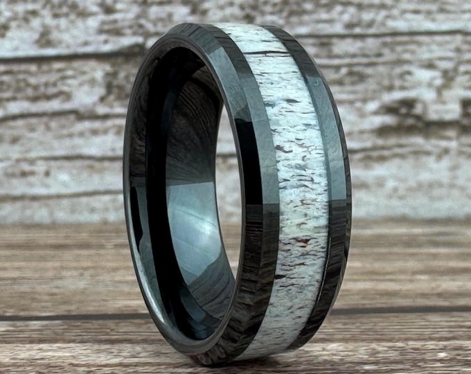 Black Tungsten Ring, 6MM, 8MM, Wedding Band, Deer Antler Inlay, Beveled Edge, Deer Antler Tungsten Ring, Comfort Fit, Wedding Band for Men