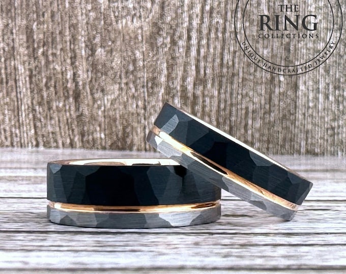 Hammered Black Silver and Rose Gold Tungsten Carbide Ring Wedding Band for Men Women, Available in 4mm 6mm 8mm and Half Sizes 4 to 15