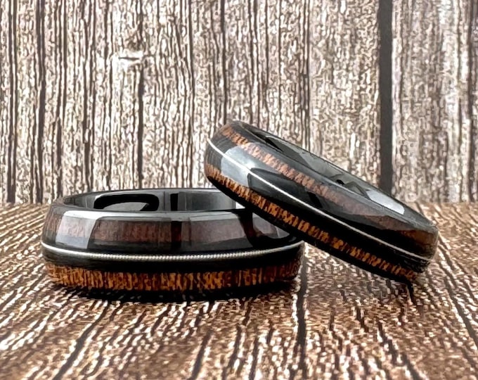 Black Tungsten Ring, Guitar String and Wood Inlay, Black Wedding Band Guitar String Wood Men Women, Gift for Him Her, 6mm 8mm, Sizes 4 to 15