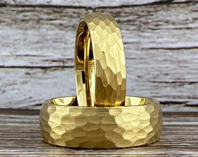 Gold Tungsten Hammered Ring Men Women Wedding Band Brushed Gold Anniversary Classic Ring Tungsten Carbide Ring Proposal Anniversary Ring