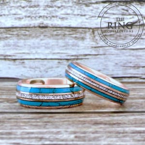 Turquoise Ring Wedding Band for Men Woman, Meteorite Turquoise Tungsten Ring, Rose Gold Couple Rings, Anniversary, Engagement, Proposal