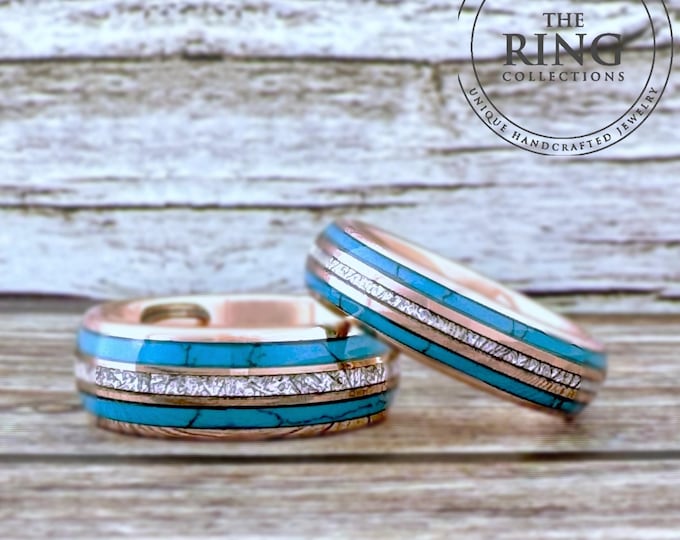 Rose Gold Turquoise and Meteorite Tungsten Ring Wedding Band for Men Woman. 8mm and/or 6mm in Sizes 5 to 15, half sizes available