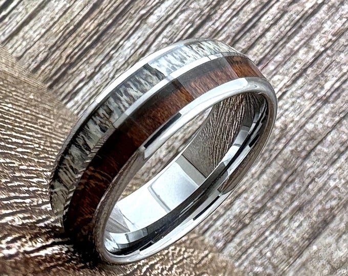 8mm Silver Gray Deer Antler and Koa Wood Ring Wedding Band for Men Woman, Sizes 5 to 15 with half sizes available.