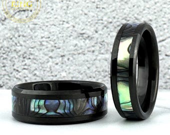 Black Abalone Wedding Band Tungsten Men Women Tungsten Carbide Ring Natural Mother of Pearl Inlay Black Anniversary Ring