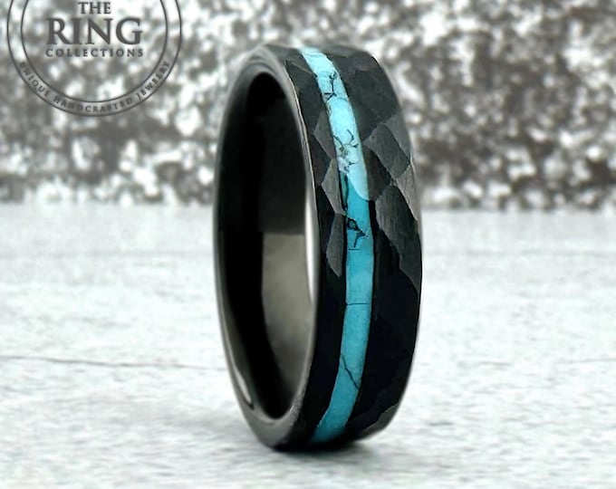 Black Tungsten Ring with Turquoise Inlay, Black Hammered Wedding Band Men Women, Turquoise Ring Wedding Band, Engagement Band