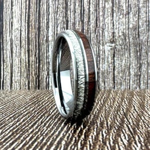 8mm 6mm Silver Tungsten Ring with Meteorite and Wood Inlay, Silver Wedding Band for Men Women, Silver Tungsten Ring, Wood Ring, Anniversary