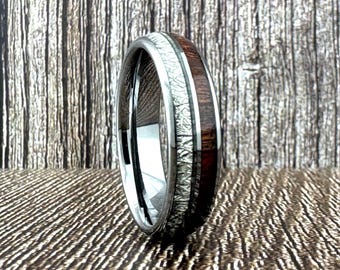 8mm 6mm Silver Tungsten Ring with Meteorite and Wood Inlay, Silver Wedding Band for Men Women, Silver Tungsten Ring, Wood Ring, Anniversary