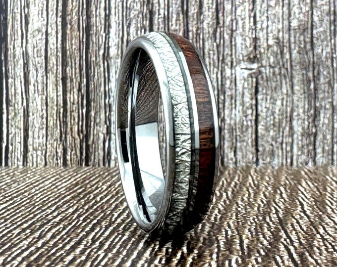 8mm 6mm Silver Tungsten Ring with Meteorite and Wood Inlay, Silver Wedding Band for Men Women, Silver Tungsten Ring, Wood Ring, Anniversary