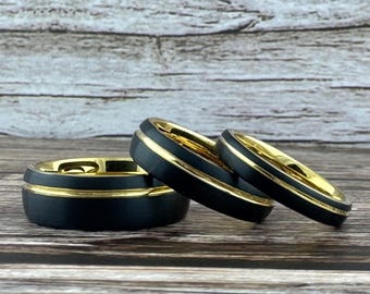 Black Tungsten Carbide Ring Wedding Band with Gold Groove and Inside for Men or Women, Domed and Matte Brushed Surface, Half Sizes Available