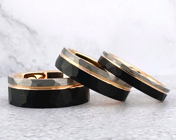 Hammered Black Silver and Rose Gold Tungsten Carbide Ring Wedding Band for Men Women, Available in 4mm 6mm 8mm and Half Sizes 4 to 15