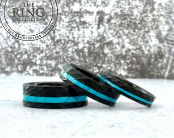 Black and Turquoise Hammered Tungsten Ring for Men Women, Black Wedding Band for Men Women, Black Ring with Turquoise Inlay, Turquoise Ring