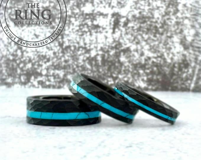 Black and Turquoise Hammered Tungsten Ring for Men Women, Black Wedding Band for Men Women, Black Ring with Turquoise Inlay, Turquoise Ring