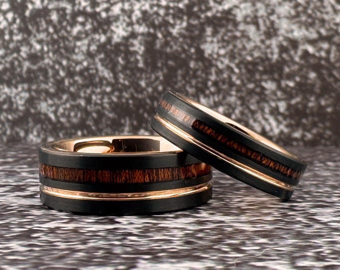 Black Wedding Band with Wood Inlay and Rose Gold Groove, Rose Gold and Black Tungsten Ring for Men Women, 6MM 8MM, Black Wood Ring Band Men