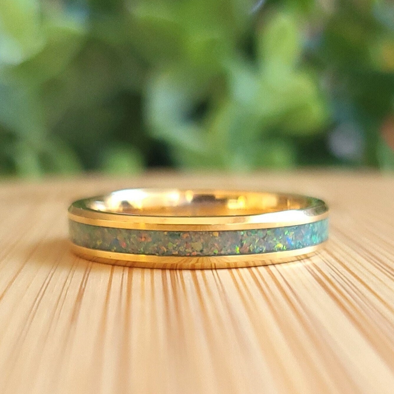 Gold Tungsten Ring with Opal Inlay Gold Tungsten Wedding Band 4mm Tungsten Wedding Band Crushed Light Green Opal Ring Opal Wedding Band