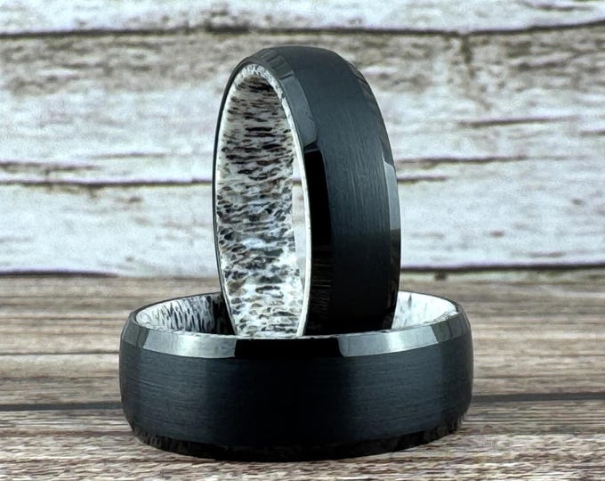 Black Tungsten Ring Wedding Band with Deer Antler Interior for Men and Women. Half Sizes available 4 to 15 in 6mm and 8mm.