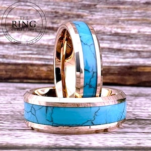 Rose Gold Turquoise Tungsten Ring, Turquoise Wedding Band, Turquoise Ring, Tungsten Wedding Band for Men Women, 4MM 6MM 8MM Anniversary Gift