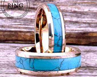 Rose Gold and Turquoise Tungsten Ring Wedding Band for Men Women, Available in 4MM 6MM 8MM, Sizes 4 to 15 (half sizes available).