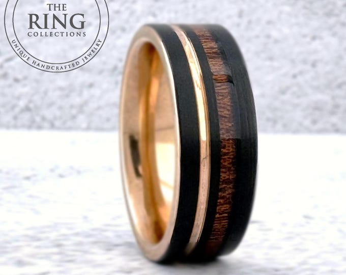 Black Wedding Band with Wood Inlay and Rose Gold Groove, Rose Gold and Black Tungsten Ring for Men Women, 6MM 8MM, Black Wood Ring Band Men