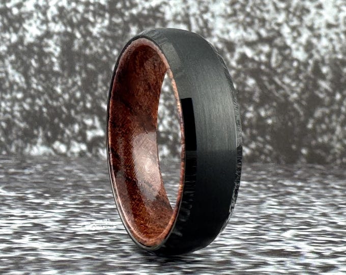 Wood and Black Tungsten Ring for Men Women, Black Tungsten Rosewood Wedding Band for Him Her, Tungsten Ring Wood Inside, Black Ring for Men
