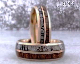 Rose Gold Tungsten Ring Wedding Band with Deer Antler and Koa Wood for Men and Women. Half Sizes available 4 to 15 in 6mm and 8mm.