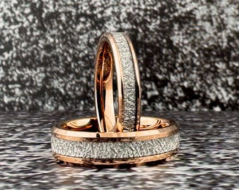 Rose Gold Tungsten Ring Wedding Band with Meteorite Inlay, Rose Gold Band for Men Women, 4MM, 6MM, 8MM, Meteorite Tungsten Ring, Anniversary