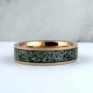 Moss Agate Wedding Band Men Women, Rose Gold Wedding Band Men, 6MM Green Moss Agate Band, Anniversary Gift, Engagement Ring, Promise Ring