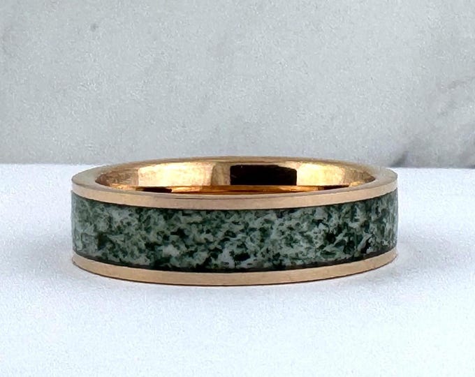 Moss Agate Wedding Band Men Women, Rose Gold Wedding Band Men, 6MM Green Moss Agate Band, Anniversary Gift, Engagement Ring, Promise Ring