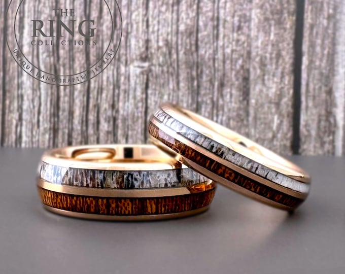 Rose Gold Tungsten Ring Wedding Band with Deer Antler and Koa Wood for Men and Women. Half Sizes available 4 to 15 in 6mm and 8mm.