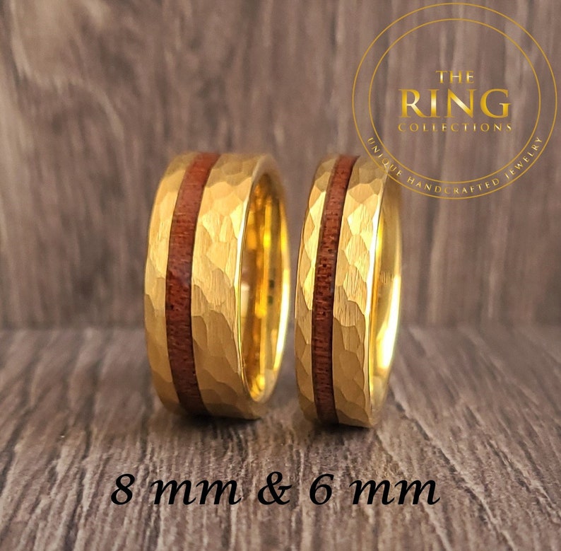 Gold Hammered Tungsten Ring for Men Women, Gold Tungsten Ring with Wood Inlay, Gold Wedding Band for Men Women, Gold Wood Ring Band for Men image 7