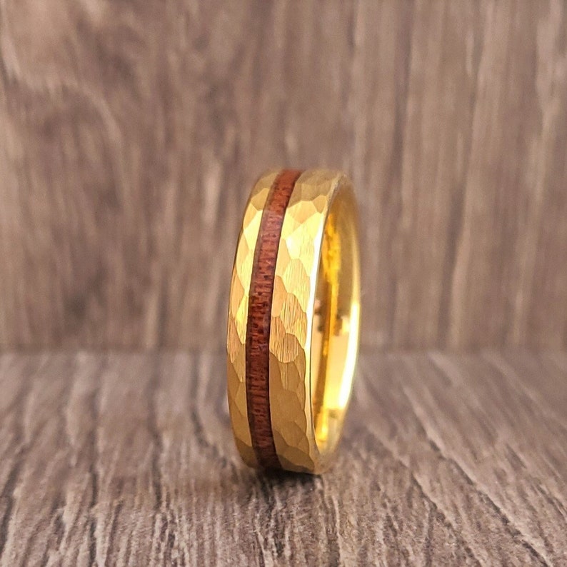 Gold Hammered Tungsten Ring for Men Women, Gold Tungsten Ring with Wood Inlay, Gold Wedding Band for Men Women, Gold Wood Ring Band for Men image 1