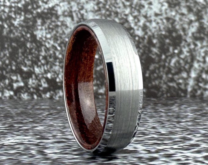 8MM 6MM 4MM Silver Gray Tungsten Ring Wedding Band with Wood Inside for Men Women,  Gray Ring with Rosewood Inside, Anniversary Gift Him Her