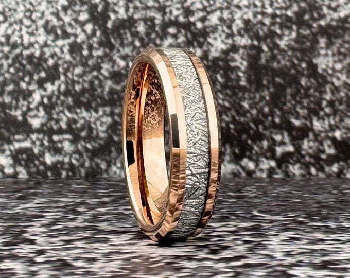 Rose Gold Tungsten Ring Wedding Band with Meteorite, Meteorite Tungsten Ring, Rose Gold Band for Men Women, Rose Gold Ring, Anniversary Gift