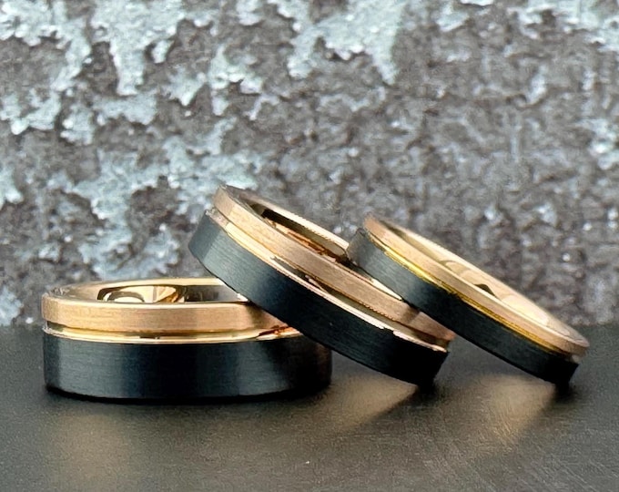 Black and Rose Gold Tungsten Carbide Ring Wedding Band for Men Women, Available in 4MM 6MM 8MM and Half Sizes