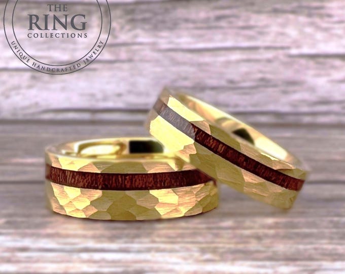 Hammered Gold Tungsten Ring with Wood Inlay - Comfort Fit Wedding Band