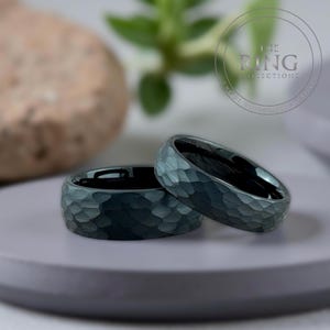 Black Hammered Tungsten Ring, Men Women Wedding Band Set, Comfort Fit image 9