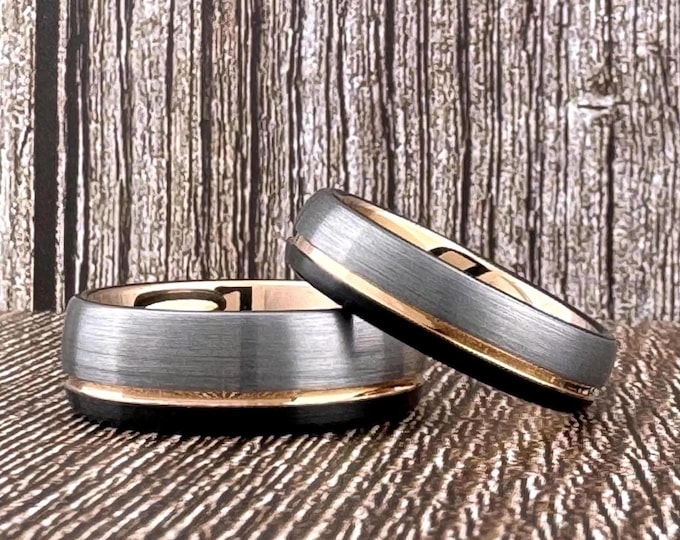 6MM 8MM Silver Black and Rose Gold Tungsten Ring Wedding Band for Men Women, Black Ring Men Women, Gray and Black Ring with Rose Gold Groove
