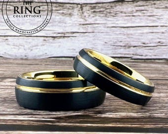 Black Tungsten Carbide Ring Wedding Band with Gold Groove and Inside for Men or Women, Domed and Matte Brushed Surface, Half Sizes Available