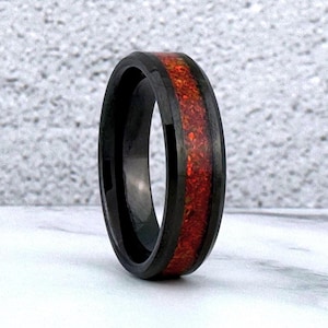 Black Tungsten Ring with Red Opal Inlay, 6MM Black Wedding Band Ring Men Women, Black Polished Finish Beveled Tungsten Ring, Tungsten Ring