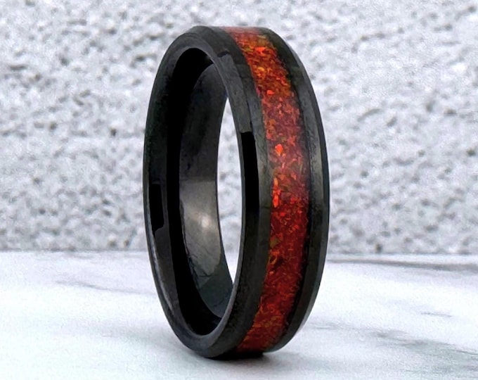 Black Tungsten Ring with Red Opal Inlay, 6MM Black Wedding Band Ring Men Women, Black Polished Finish Beveled Tungsten Ring, Tungsten Ring