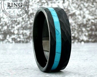 Black and Turquoise Hammered Tungsten Ring for Men Women, Black Obsidian Wedding Band, Black Obsidian Natural Turquoise Ring, 8mm 6mm 4mm